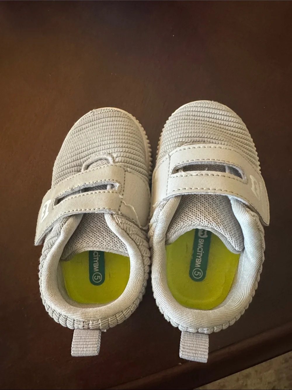Kids Gray Slip-On Hook & Loop Sneakers-small hole in left shoe toe